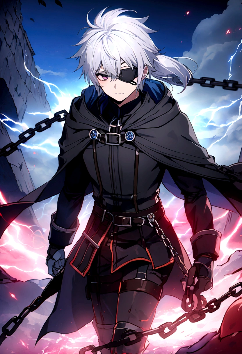 Anime character, a man, medieval era. Young man, 20 years old, large body, cold gaze, cold expression, white skin, short messy gray hair, ponytail, left eye patch, black clothes, black shirt, dark cape with hood, chains. frontal camera. Walking in a sea of ​​blood. Three moons shining high in the sky, purple, red and blue. White electricity emanating from his body, black electricity emanating from his left hand. Right eye shining in a white ray. Thunderous white lightning. (best quality, 4k, 8k, high resolution, masterpiece: 1.2), vibrant, ultra-detailed colors, chiaroscuro lighting, dramatic pose, intricate details, fantasy, mystical, powerful