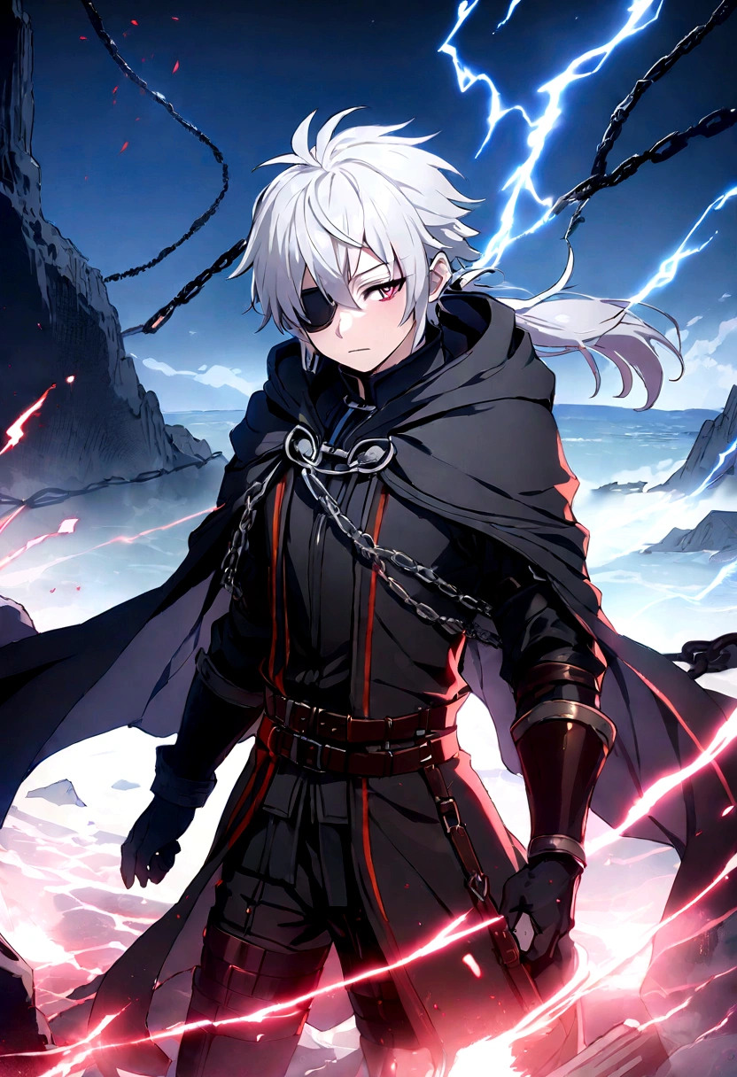 Anime character, a man, medieval era. Young man, 20 years old, large body, cold gaze, cold expression, white skin, short messy gray hair, ponytail, left eye patch, black clothes, black shirt, dark cape with hood, chains. frontal camera. Walking in a sea of blood. Three moons shining high in the sky, purple, red and blue. White electricity emanating from his body, black electricity emanating from his left hand. Right eye shining in a white ray. Thunderous white lightning. (best quality, 4k, 8k, high resolution, masterpiece: 1.2), vibrant, ultra-detailed colors, chiaroscuro lighting, dramatic pose, intricate details, fantasy, mystical, powerful