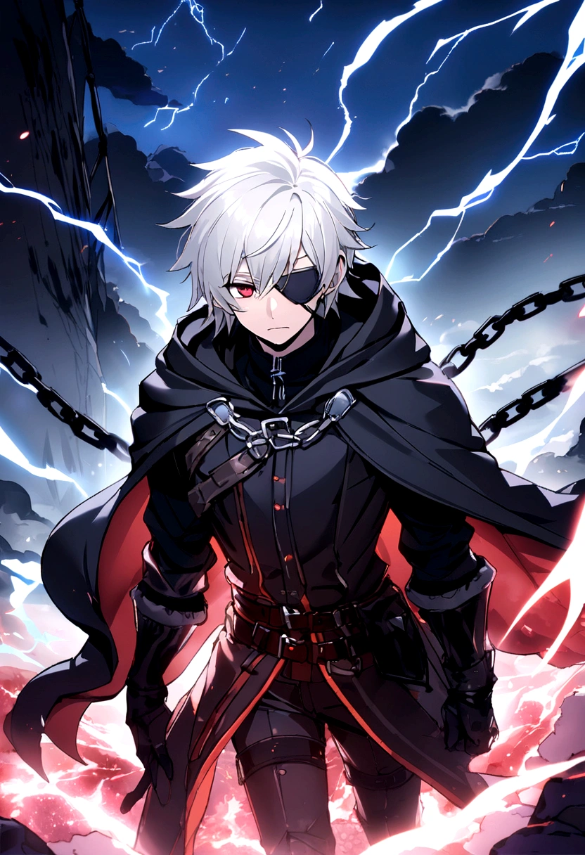Anime character, a man, medieval era. Young man, 20 years old, large body, cold gaze, cold expression, white skin, short messy gray hair, ponytail, left eye patch, black clothes, black shirt, dark cape with hood, chains. frontal camera. Walking in a sea of ​​blood. Three moons shining high in the sky, purple, red and blue. White electricity emanating from his body, black electricity emanating from his left hand. Right eye shining in a white ray. Thunderous white lightning. (best quality, 4k, 8k, high resolution, masterpiece: 1.2), vibrant, ultra-detailed colors, chiaroscuro lighting, dramatic pose, intricate details, fantasy, mystical, powerful