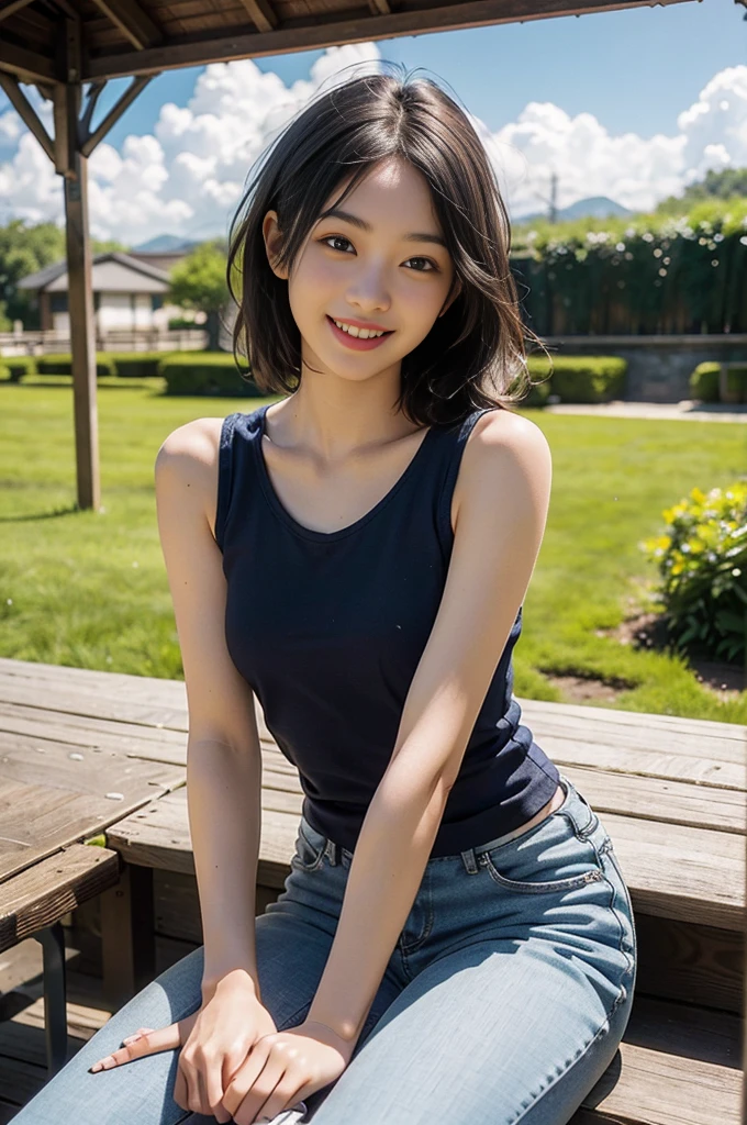 Best image quality、Ultra-high resolution、Tabletop、Photo quality(Realistic:1.8)、pores、Accuracy、Japanese women、23-year-old girl、Black-haired、cuteえくぼ、Young Face、cute、Short Bob、Slender girl、Small breasts、 Flat Chest、To the camera、Turn your body forward、Gravure Beautiful Girl、Sitting on a bench、whole body、grass、garden、Blue Tank Top、Slim pants、White sneakers、blue sky、White cloud、Light of the sun、Reflective plate、Navy blue、 Protruding、Laughing with your mouth open、White teeth、Happily、Look straight ahead、