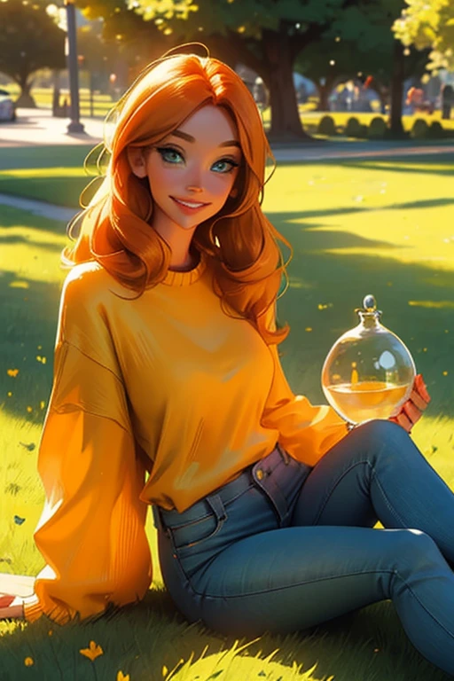 Perfect face, Perfect hands. An orange haired woman with green eyes and an hourglass figure in a yellow sweater and jeans is laying on the grass in the park with a big smile