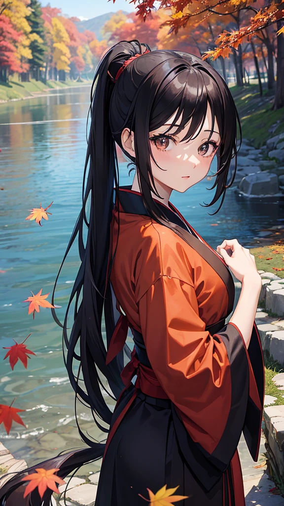 anime,Beauty,35age、 alone, Long Hair, Black Hair, ponytail、Dark brown eyes, model, beautiful, Dcup, Fantasy, autumn leaves、Japanese clothing、Riverside、beautiful風景
