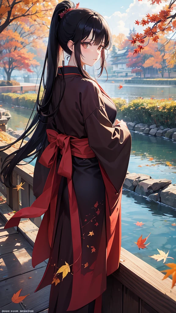 anime,Beauty,35age、 alone, Long Hair, Black Hair, ponytail、Dark brown eyes, model, beautiful, Dcup, Fantasy, autumn leaves、Japanese clothing、Riverside、beautiful風景