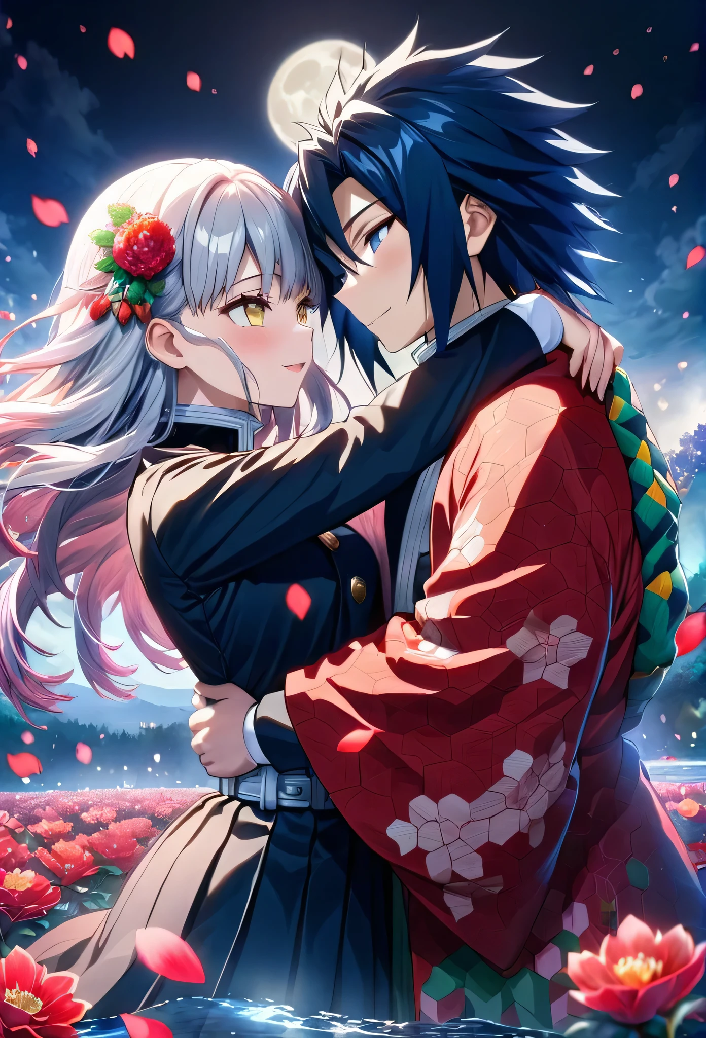 Ultra detailed, highres, absurdres, HDR, master piece, anime girl, pretty woman with white long hair with red streaks, girl with yellow eyes, girl with red haori, black demon slayer uniform, Kimetsu No Yaiba, fantasy, petals, red flowers, pretty, Tomioka Giyu, Water Hashira using Tomioka Giyu haori, huging, romance, magic, moon, best quality, extremely detailed face, love, passion, romance, anime, they are realy in love, smile