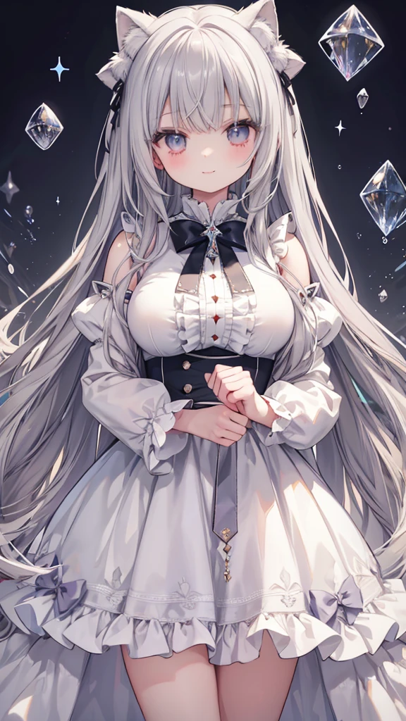 Masterpiece、Highest quality、Super detailed、Fluffy and soft long hair、Gray Hair、Diamond Eyes、Big Tits、Too big breastagic少女、Ribbons and frills、diamond brooch、magicのダイヤモンドのステッキ、magic、smile、Cute castle