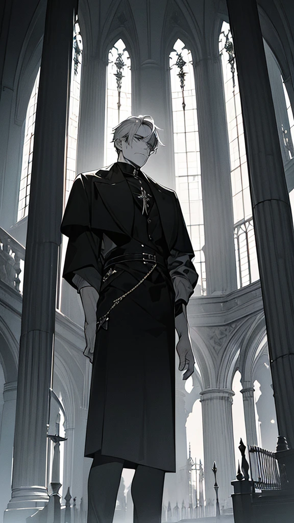(work of art, best qualityer:1.2), (((1 men, mascle))) , standing alone, high resolution, best qualityer, Half-length photo of a strong man, pale white skin, man angry with (((tinta corpsy de metal preto))), ((brave face)) , heavy black and white face paint, wearing black and silver armor, thorn, in a gothic cemetery, at night, horror film. High details, super detaill, texturized skin, work of art, ultra HD, 4K, 8K. ((cinematic lighting)). Church on fire background