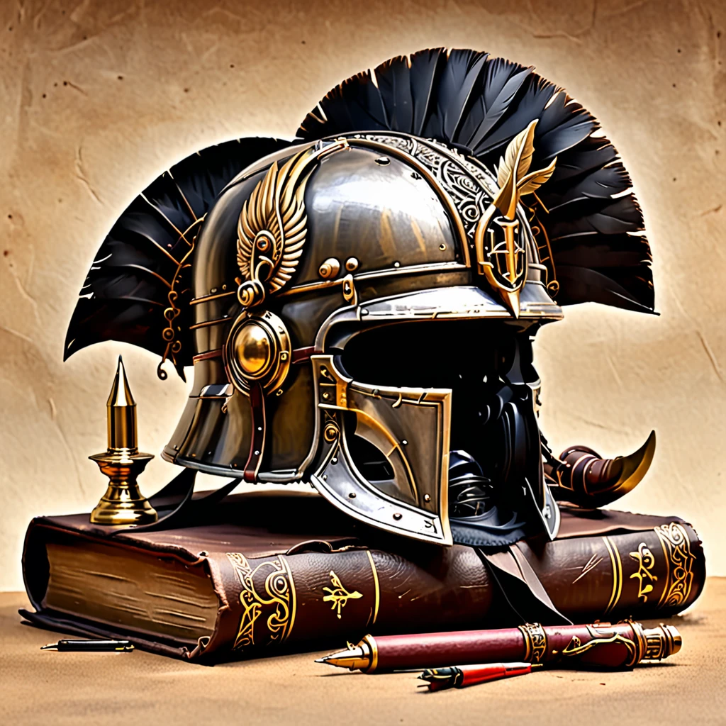 "Create a logo for a history channel that evokes a sense of knowledge, discovery, and authenticity. The logo should feature an unrolled ancient scroll with intricate historical writing. Include a central open book with aged pages. Incorporate a historical warrior helmet, reminiscent of Roman, Greek, or medieval times, and a quill pen dipped in ink. Use a classic serif or elegant handwritten font for the channel name, making it clear and prominent. Choose earthy tones like brown, beige, and gold, with dark accents such as black or gray for contrast. The style should be illustrative with careful details, blending classic elements with a clean, modern touch. Balance the composition with the scroll or book at the center, surrounded by the helmet and quill. Place the channel name below or above the main symbol."