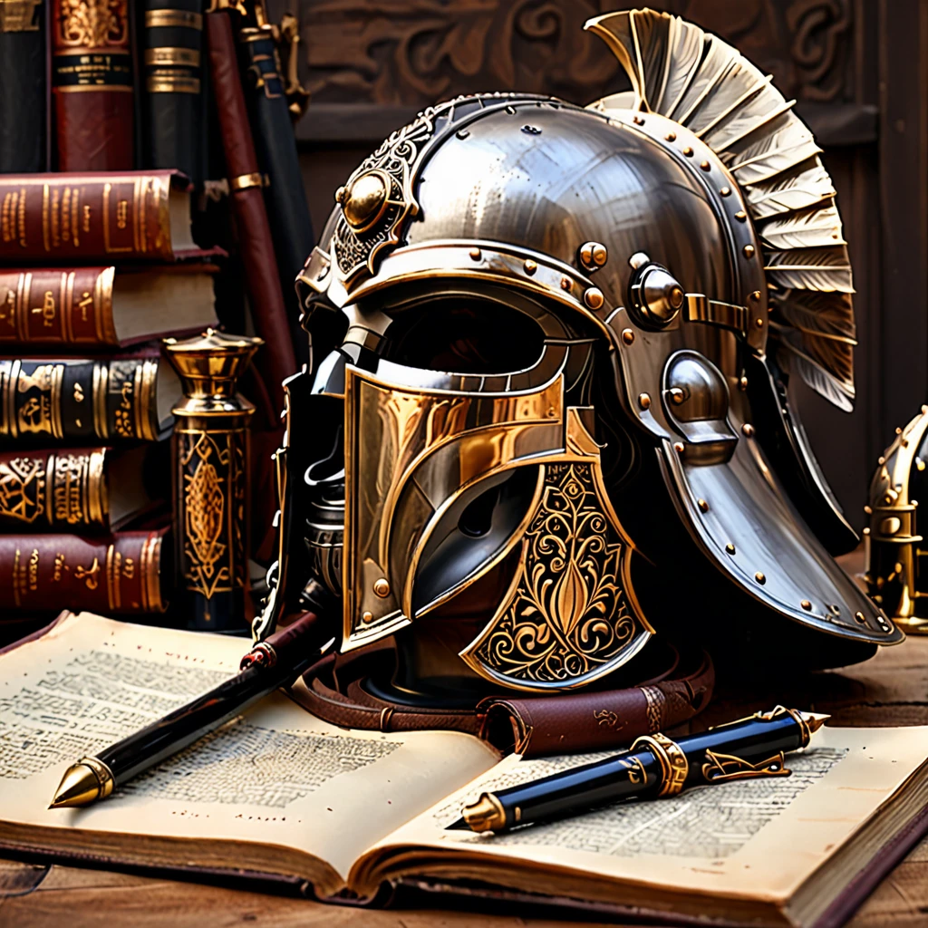 "Create a logo for a history channel that evokes a sense of knowledge, discovery, and authenticity. The logo should feature an unrolled ancient scroll with intricate historical writing. Include a central open book with aged pages. Incorporate a historical warrior helmet, reminiscent of Roman, Greek, or medieval times, and a quill pen dipped in ink. Use a classic serif or elegant handwritten font for the channel name, making it clear and prominent. Choose earthy tones like brown, beige, and gold, with dark accents such as black or gray for contrast. The style should be illustrative with careful details, blending classic elements with a clean, modern touch. Balance the composition with the scroll or book at the center, surrounded by the helmet and quill. Place the channel name below or above the main symbol."