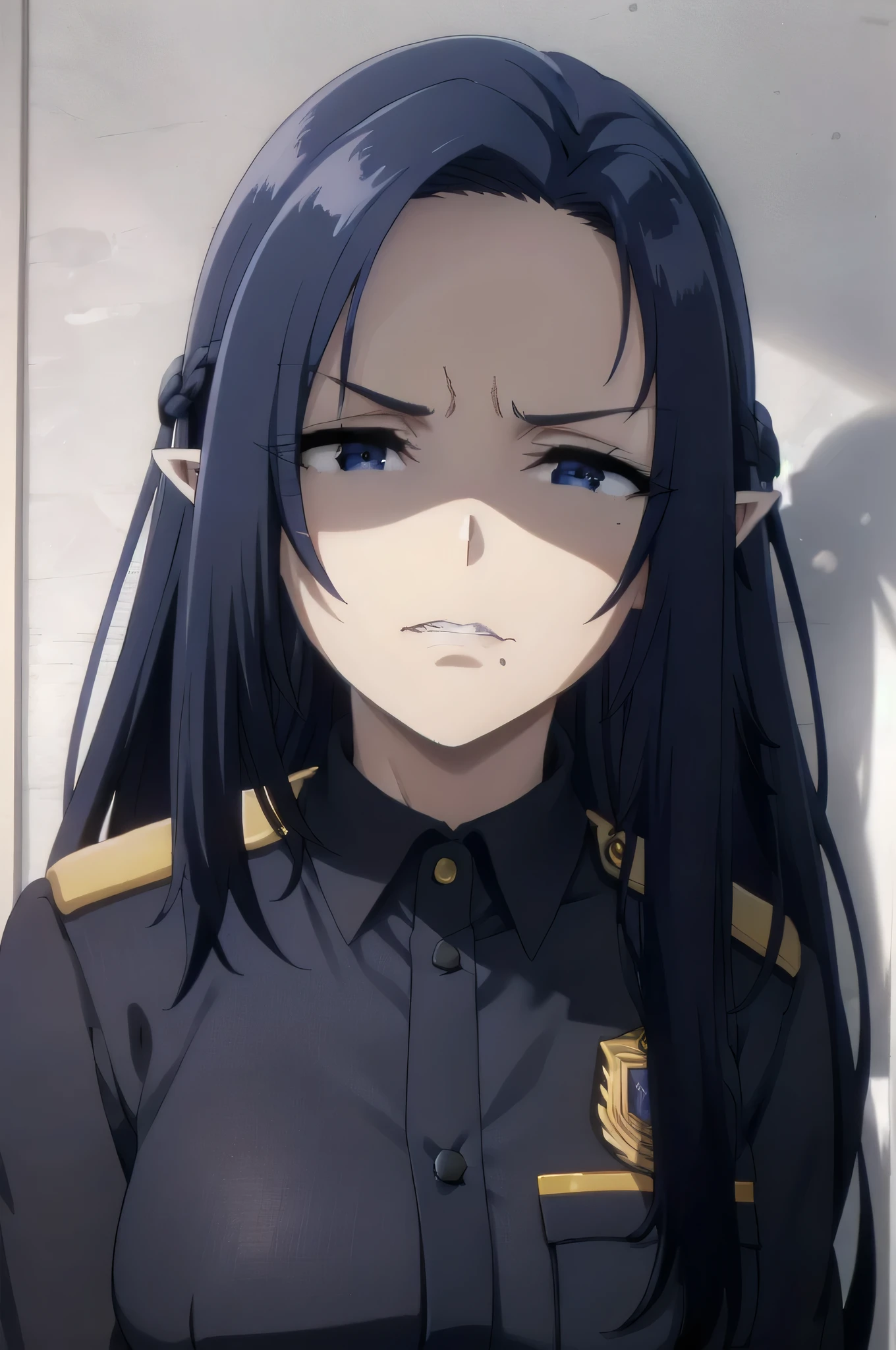 dark blue hair,,long hair,blue eyes,pointy ears,elf,Cute girl, (((policewoman, wearing police uniform))),((intenseglare, disgust, shaded_face, shadow_over_eyes, glaring, looking down at the viewer,cleanched teeth)),full body
