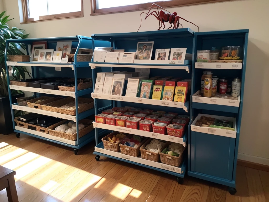 unmanned，（One Point Perspective:2.1），（Semi-cartoon style:0.9），（Yu-Gi-Oh art style:2.3），（unmanned:10.1），The laboratory that cultivates red spider lilies，Blue flower，Red spider lily，The left and right rows are dark blue plastic shelves.，There is an aisle in the middle，Device for arranging and cultivating red spider lilies，Enclosed space，（Strong light and shadow:1.1），（Strong edge:2.1），（Realistic Light and Shadow 1.1），（Clearly layered 6.2）,