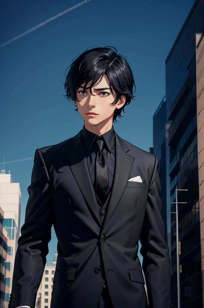 solo male, black hair, black eyes, Normal hair, black suit, black gloves, looking at the sky
