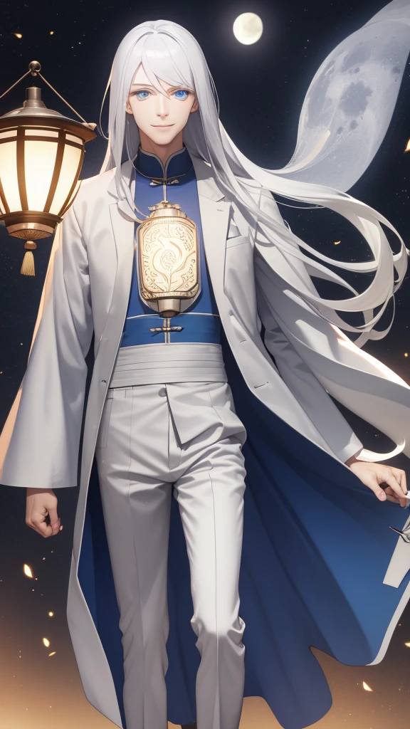 1 tall young man, silver hair, blue eyes, white skin, smile, long hair, floating in the air, short jacket, long trousers, holding a lantern, Chinese lantern, night, moon, blue lights flying