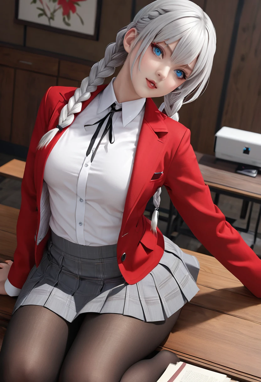 "1 girl, incredibly detailed 8k computer graphics, perfect model, mesmerizing idol, Stunning face, unearthly beauty, virgin white hair, ring braids, Charming Blue Eyes,  Kakegurui ,  red blazer, White shirt, pleated gray skirt,  brown tights, sat on the table  , whole body, legs spread, pussy visible, thong mesh, unbutton your shirt, bare chest