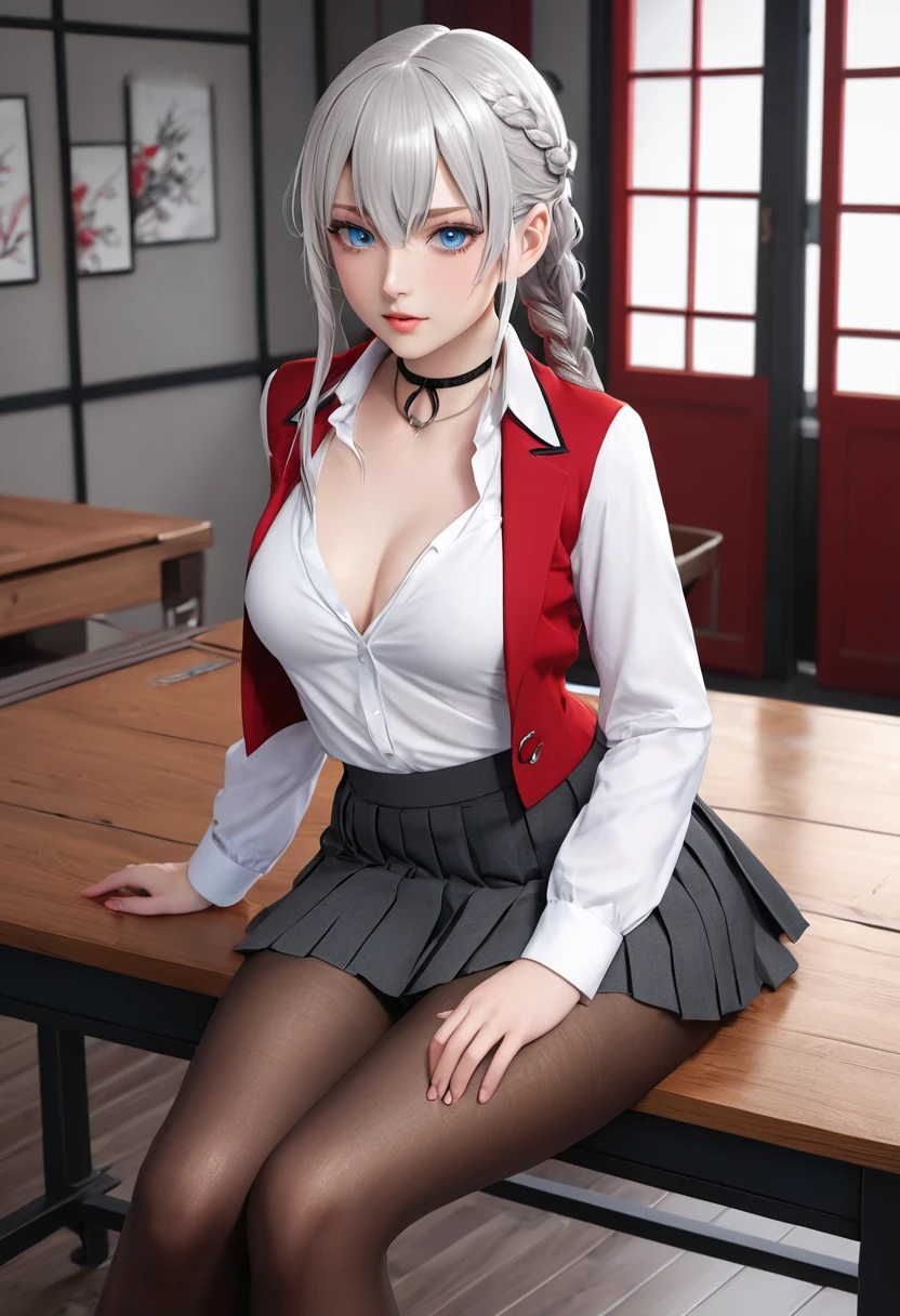 "1 girl, incredibly detailed 8k computer graphics, perfect model, mesmerizing idol, Stunning face, unearthly beauty, virgin white hair, ring braids, Charming Blue Eyes,  Kakegurui ,  red blazer, White shirt, pleated gray skirt,  brown tights, sat on the table  , whole body, legs spread, pussy visible, thong mesh, unbutton your shirt, bare chest