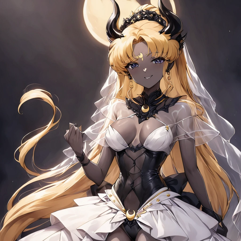 ((Highest quality)), ((masterpiece)), (detailed), （Perfect Face）、The woman is the Dark Queen of the Black Moon of the Black Moon Clan, the Demon Queen Black Serenity, and the woman is the sexy, jet-black-skinned demon princess Serenity.、The woman is a jet-black female demon with magnificent devil horns, jet-black devil wings, and a jet-black tail. Her skin is jet-black and she has a black inverted crescent moon mark on her forehead. She is a demon bride wearing a see-through Gothic Victorian wedding dress that shows off her gorgeous black skin, a black wedding veil, and a black see-through cape. She is the jet-black demon Princess Serenity, and has blonde hair that looks happy as she looks at the camera.２The expression of a girl in love with her long hair tied up、Woman is Black Serenity