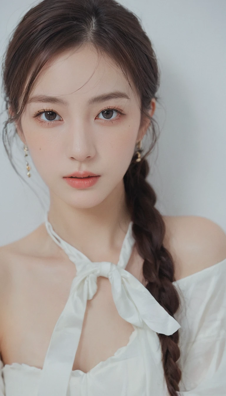 xxmixgirl, Analog Style, Eye focus, Highest quality, (Very detailed skin), Exquisitely beautiful white skin photos, 21 years old, Perfect Face, Captivating eyes, (Seductive makeup: 1.3), Skin pores, (Bokeh:1.5), Sharp focus, Dappled Lighting, (Backlight), Film Grain, (Very detailed, Exquisitely crafted), 8K, High resolution, Front view, Studio Light, Very detailed顔, Fine grain, (double eyelid: 1.4), Aristogle, Brown eyes, (commercial: 1.6), (Natural Makeup), ((White studio background: 2))、Summery white fashion、