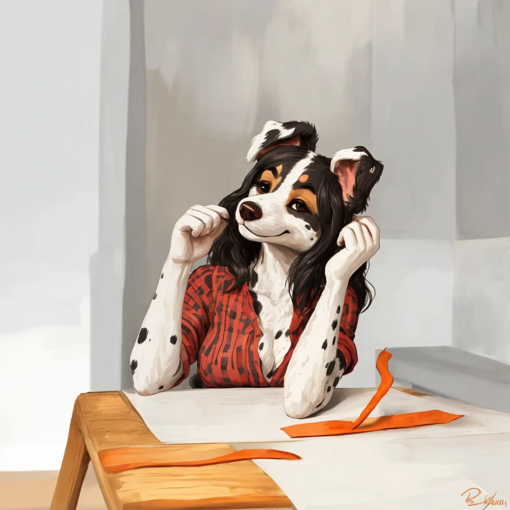 a anthropomorphic, black spots and white fur female dog, she's dressed with a red vine colored shirt, closed smile, high quality furry art.