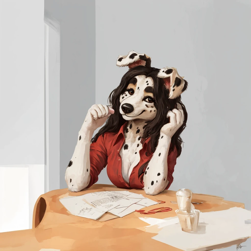a anthropomorphic, black spots and white fur female dog, she's dressed with a red vine colored shirt, closed smile, high quality furry art.