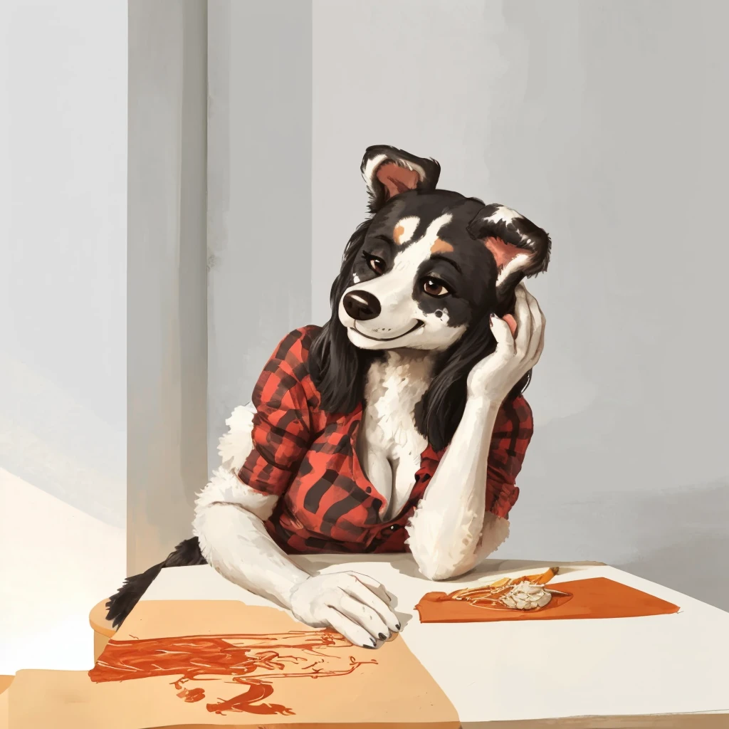 a anthropomorphic, black spots and white fur female dog, she's dressed with a red vine colored shirt, closed smile, high quality furry art.