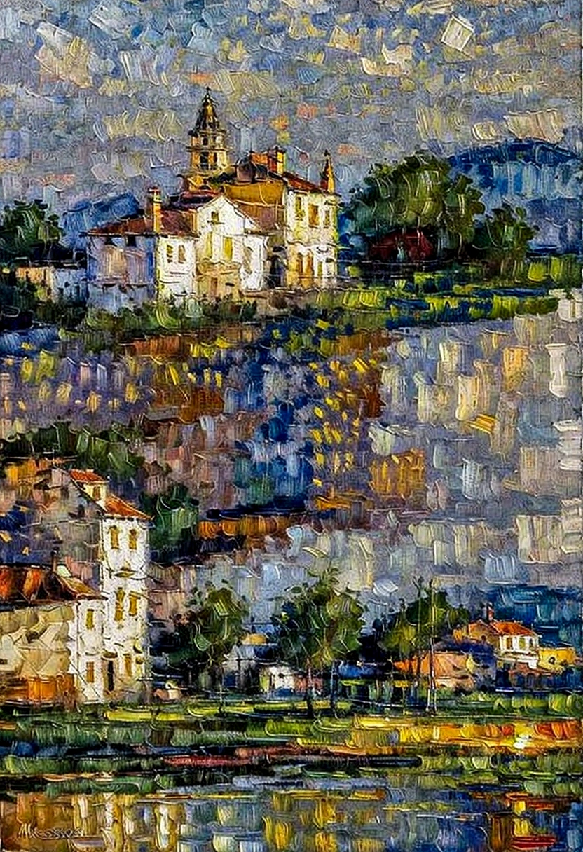a spanish man painting a realistic painting of landscape of a village with herds and sunrise time on canvas, mosiac art, canvas,