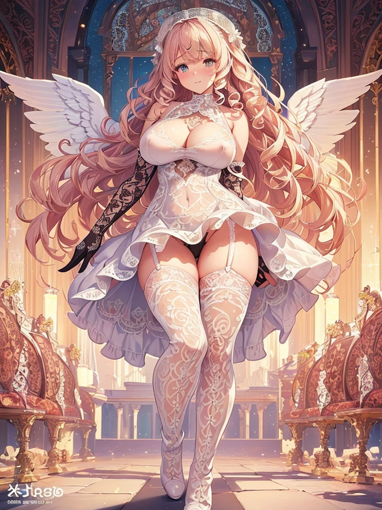 ((Highest quality)),(Ultra-high resolution),(Very detailed),(Detailed Description),((The best CG)),(A masterpiece),Ultra-detailed art,,(Works with precise details:1.5), (1 female:1.6),(Beautiful and well-proportioned face:1.5),(Curly Hair:1.6),(Intricately detailed sexy lace dress:2.0),Fine jewellery with exquisite detailing:1.5,Waist Accessories:1.5,Look at me and smile:1.5, (See-through nipples), Angel Girl, (((Magnificent white angel wings on his back:1.2))), Mature Woman,(Pastel colored hair:1.3),(Red and black long high heel boots:1.4), (garter belt), (stockings)、 (Floating in the sky with magical powers:1.2),(Floating skirt:1.5), (Embarrassed expression, blush:1.2),(bracelet),(heart choker), (Sparkling Eyes)、(full body)、(multiple views)