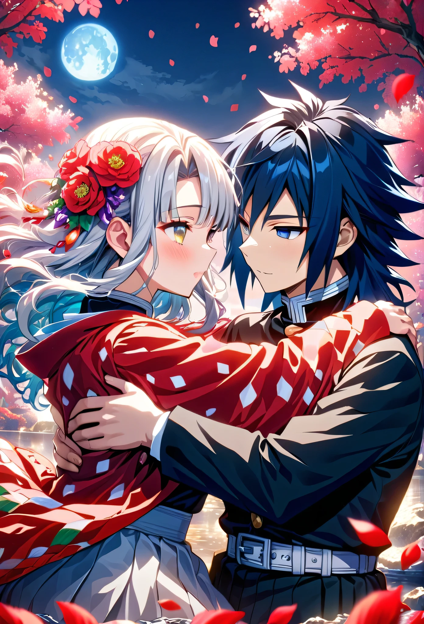 Ultra detailed, highres, absurdres, HDR, master piece, anime girl, pretty woman with white long hair with deep red streaks, girl with yellow eyes, the girl is using a red haori, black demon slayer uniform, Kimetsu No Yaiba, fantasy, petals, red flowers, pretty, Tomioka Giyu, Water Hashira, male using Tomioka haori, huging, romance, magic, moon, best quality, extremely detailed face, love, passion, romance, anime, they are realy in love, love hug