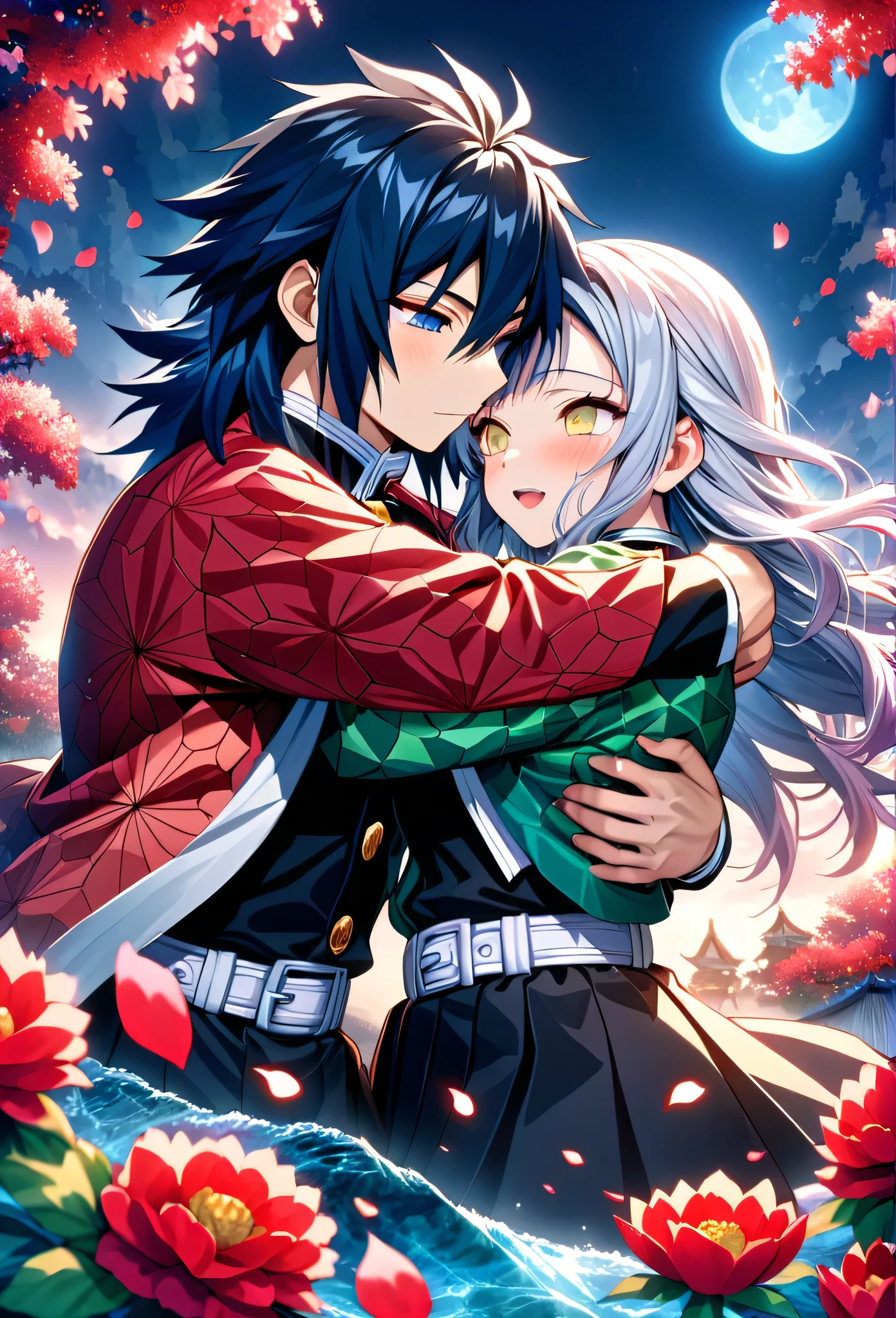 Ultra detailed, highres, absurdres, HDR, master piece, anime girl, pretty woman with white long hair with deep red streaks, girl with yellow eyes, the girl is using a red haori, black demon slayer uniform, Kimetsu No Yaiba, fantasy, petals, red flowers, pretty, Tomioka Giyu, Water Hashira, male using Tomioka haori, huging, romance, magic, moon, best quality, extremely detailed face, love, passion, romance, anime, they are realy in love, love hug