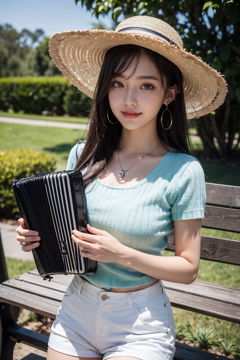 Top-quality Realistic,Official art,Highly detailed CG Unity 8k wallpaper,ultra-detailliert,hight resolution,Physically-based rendering,Magnificat,finely detail,masterpiece,Best Quality,ultra detailed, Face Light,Mature beauty,Beautiful girl,1girl,moist lips,sexy lips,Sexy smile,Gentle smile, 20 years old, Beautiful bare skin,Smooth bare skin,(Beautiful and radiant skin), big well-shaped breasts, beautiful cleavage,beautiful Mature body,swept bangs,(Medium hair:1.3), beautiful detailed eyes,model shoot style,Japanese Idol, Half-body,(In the Pineapple Garden:1.2),(Playing the accordion:1.3),((Standing by the bench seat and playing the accordion)),BREAK,nsfw,(light green Pullover round neck short sleeve T-shirt:1.3)), (White chinos:1.3),BREAK,(Boater hat),(Heart shaped necklace),(Triangle ornament earrings),BREAK, (gentle smile like a goddess),looking at viewer,shoot from below,(Extreme close-up),from the front,