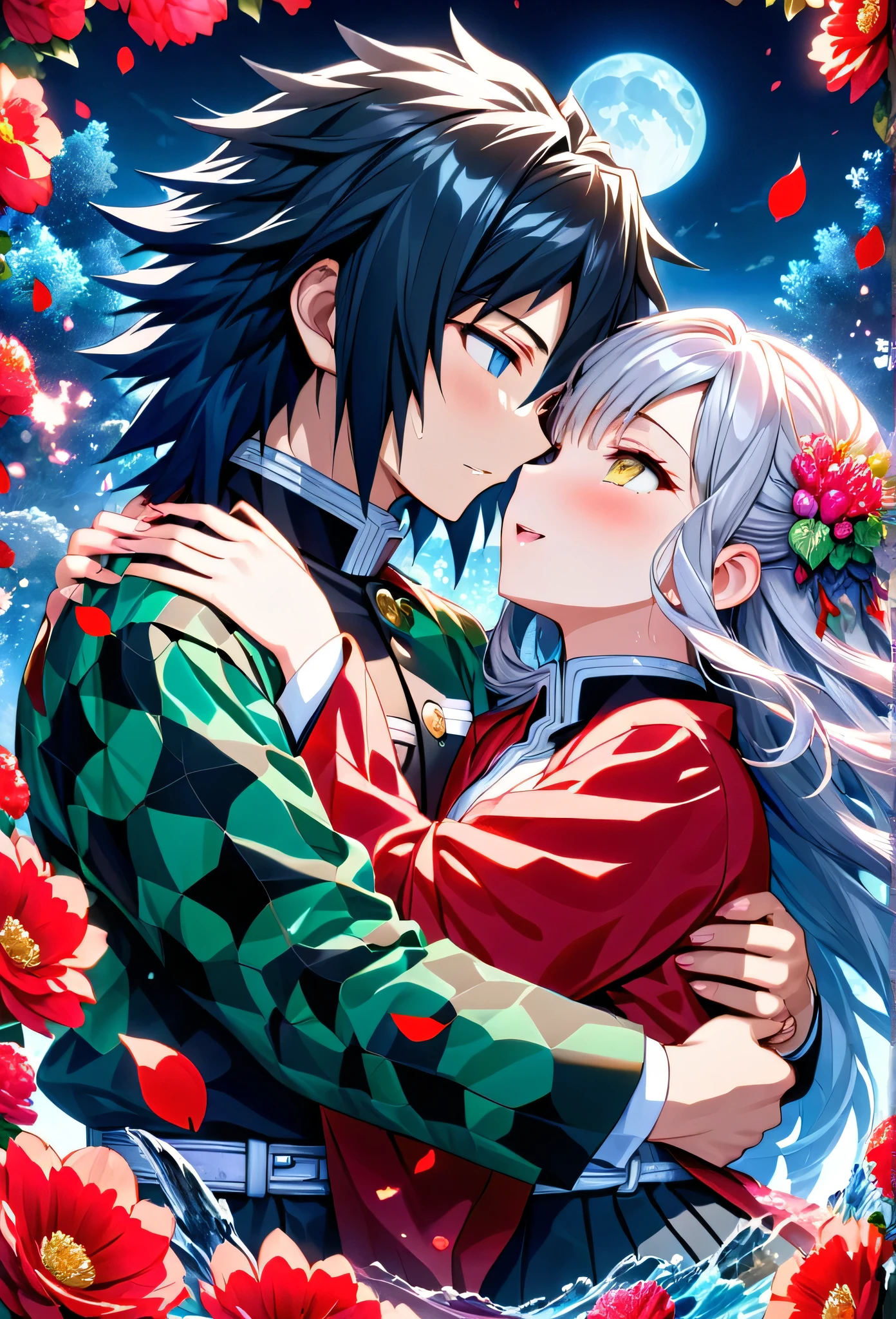 Ultra detailed, highres, absurdres, HDR, master piece, anime girl, pretty woman with white long hair with deep red streaks, girl with yellow eyes, the girl is using a red haori, black demon slayer uniform, Kimetsu No Yaiba, fantasy, petals, red flowers, pretty, Tomioka Giyu, Water Hashira, Tomioka huging, romance, magic, moon, best quality, extremely detailed face, love, passion, romance, anime, they are realy in love, love hug