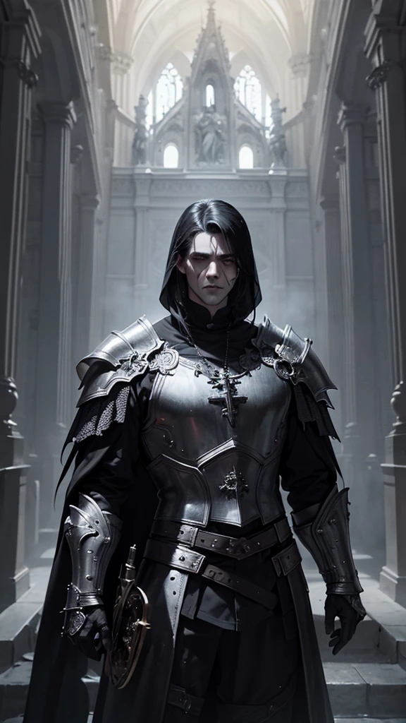 (work of art, best qualityer:1.2), (((1 men, mascle))) , standing alone, high resolution, best qualityer, Half-length photo of a strong man, pale white skin, man angry with (((tinta corpsy de metal preto))), ((brave face)) , heavy black and white face paint, wearing black and silver armor, thorn, in a gothic cemetery, at night, horror film. High details, super detaill, texturized skin, work of art, ultra HD, 4K, 8K. ((cinematic lighting)). Church on fire background 