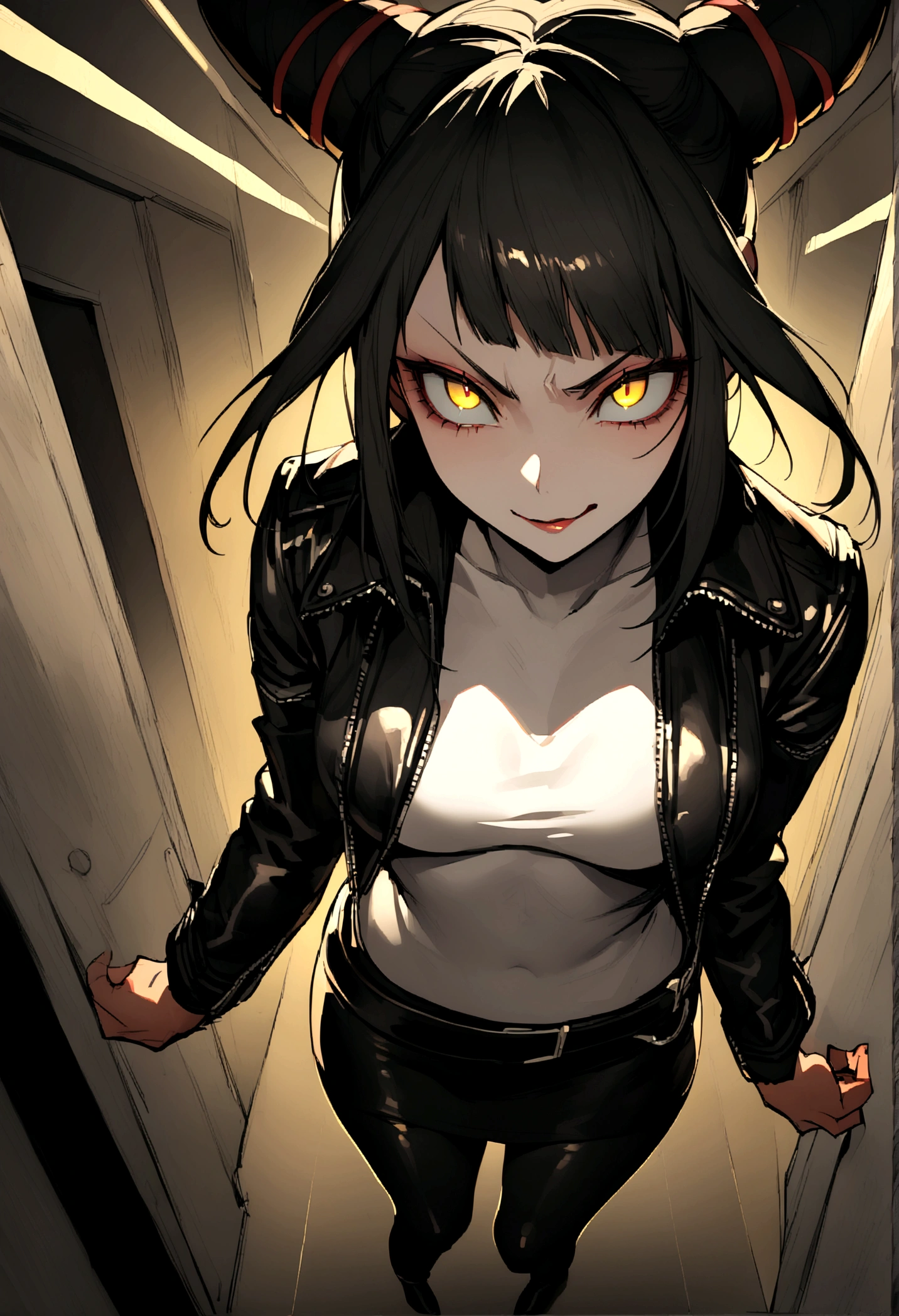 juri han,beautiful young warrior , with a very detailed and beautiful face, beautifuleyes, beautifuleyes, gorgeous face, beautiful young woman wearing long black leggings with black details, short mini skirt, usando leather jacket preta, Standing in an office, wearing black boots, horn hair, with black fringe, , evil smile ,white sweater with strap around, serious look,usando leather jacket preto, leather jacket,staring overhead,yellow lighting, evil smile,hands on back,leggig