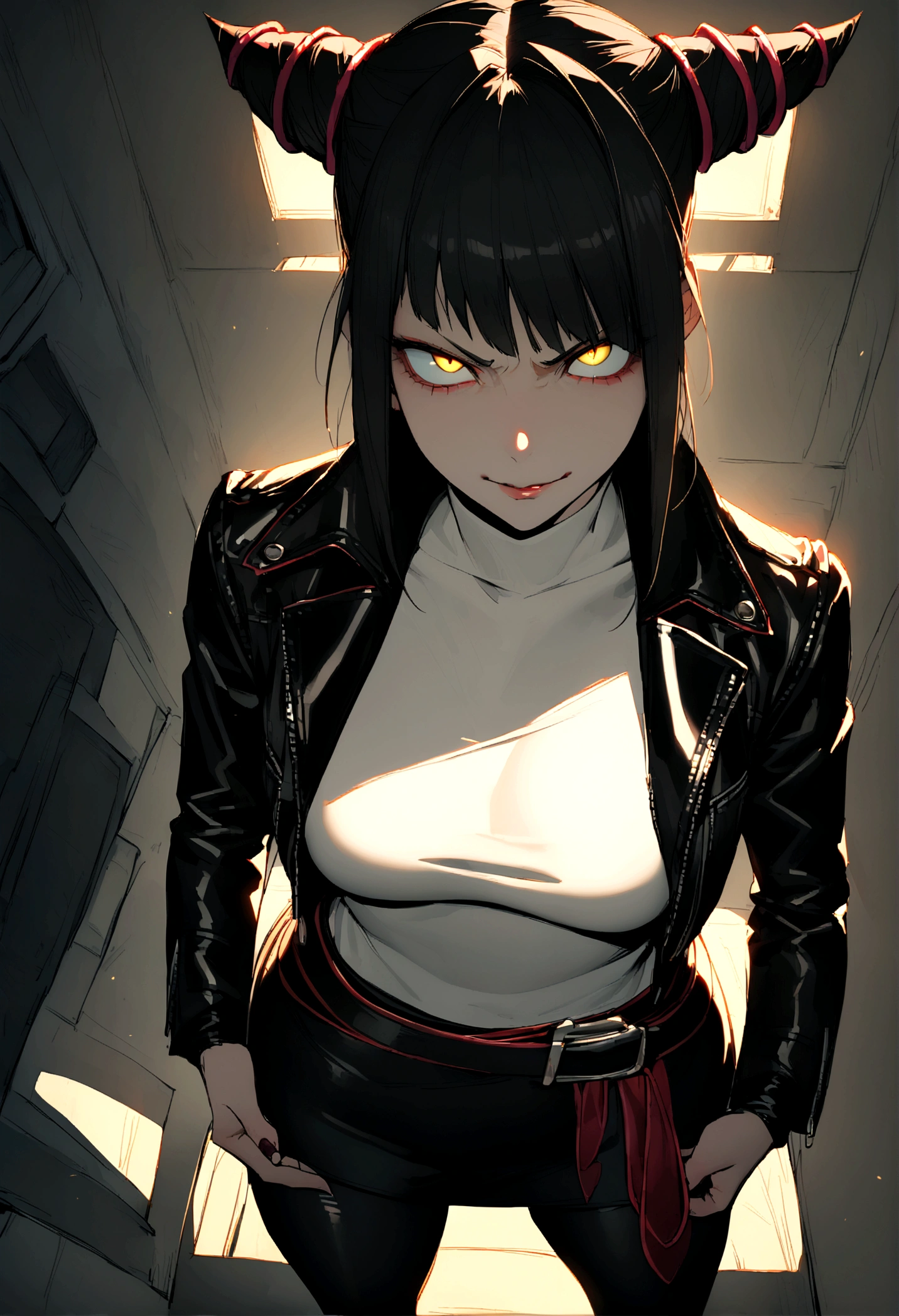 juri han,beautiful young warrior , with a very detailed and beautiful face, beautifuleyes, beautifuleyes, gorgeous face, beautiful young woman wearing long black leggings with black details, short mini skirt, usando leather jacket preta, Standing in an office, wearing black boots, horn hair, with black fringe, , evil smile ,white sweater with strap around, serious look,usando leather jacket preto, leather jacket,staring overhead,yellow lighting, evil smile,hands on back,leggig
