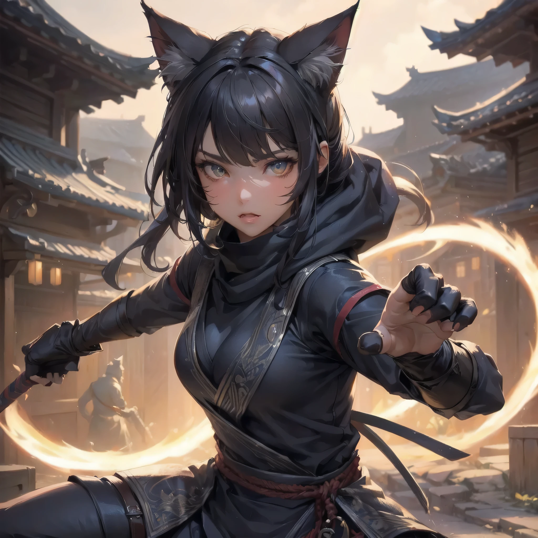 masterpiece, (textured skin), best quality, gorgeous beautiful girl, (a cat ears,cat tail), ninja,detailed clothes,large breasts,narrow waist,, (beautiful face), cinematic lighting, (fantasy anime art ),