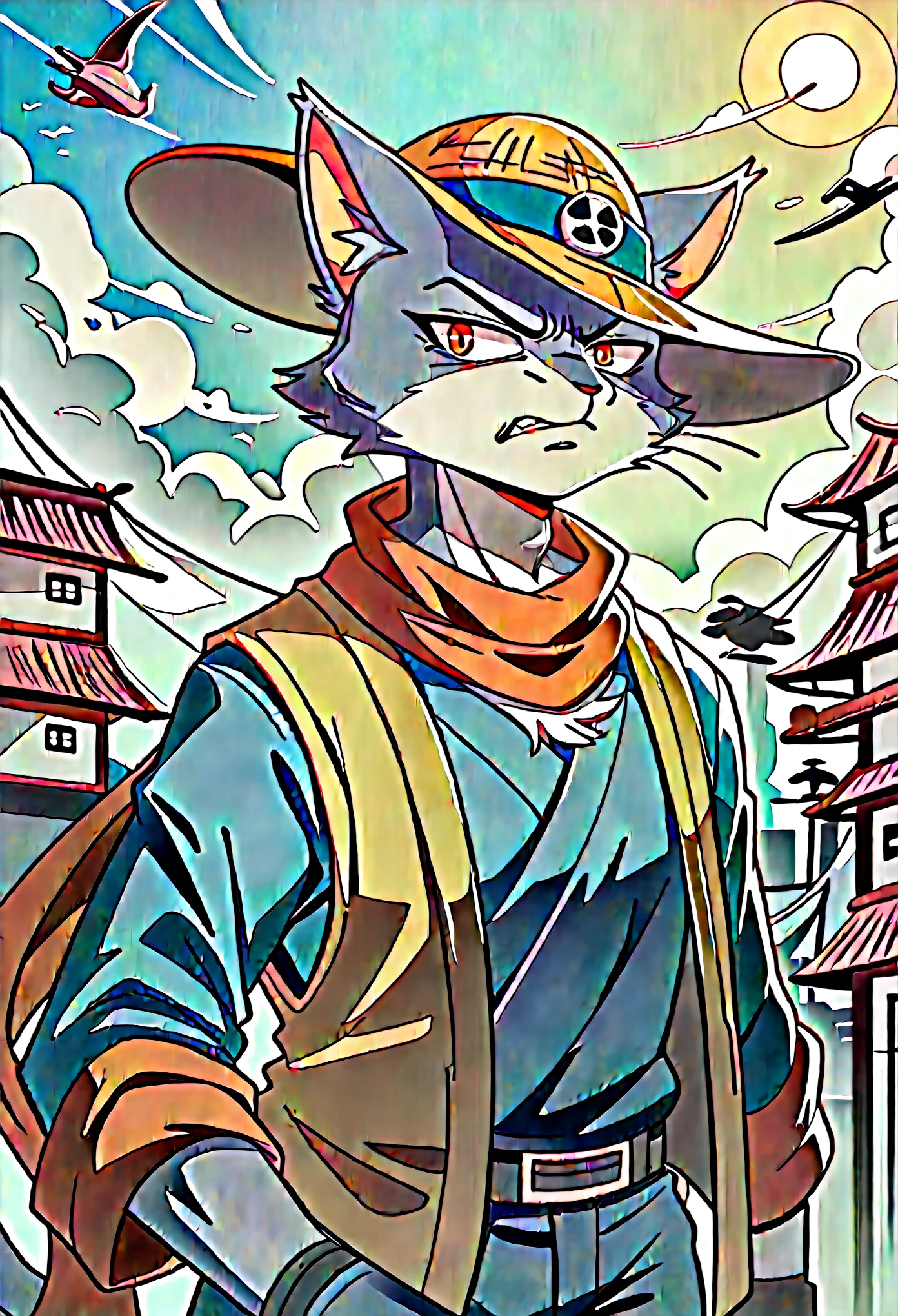 a painting of a cat wearing a hat and scarf, trending in the art station, dressed in punk clothes, detailed hyper realistic rendering, british gang member, street style, intimidating pose, planet of the cats, clothes with fashion, urban samurai, meow, west slavic features, 8 1 5