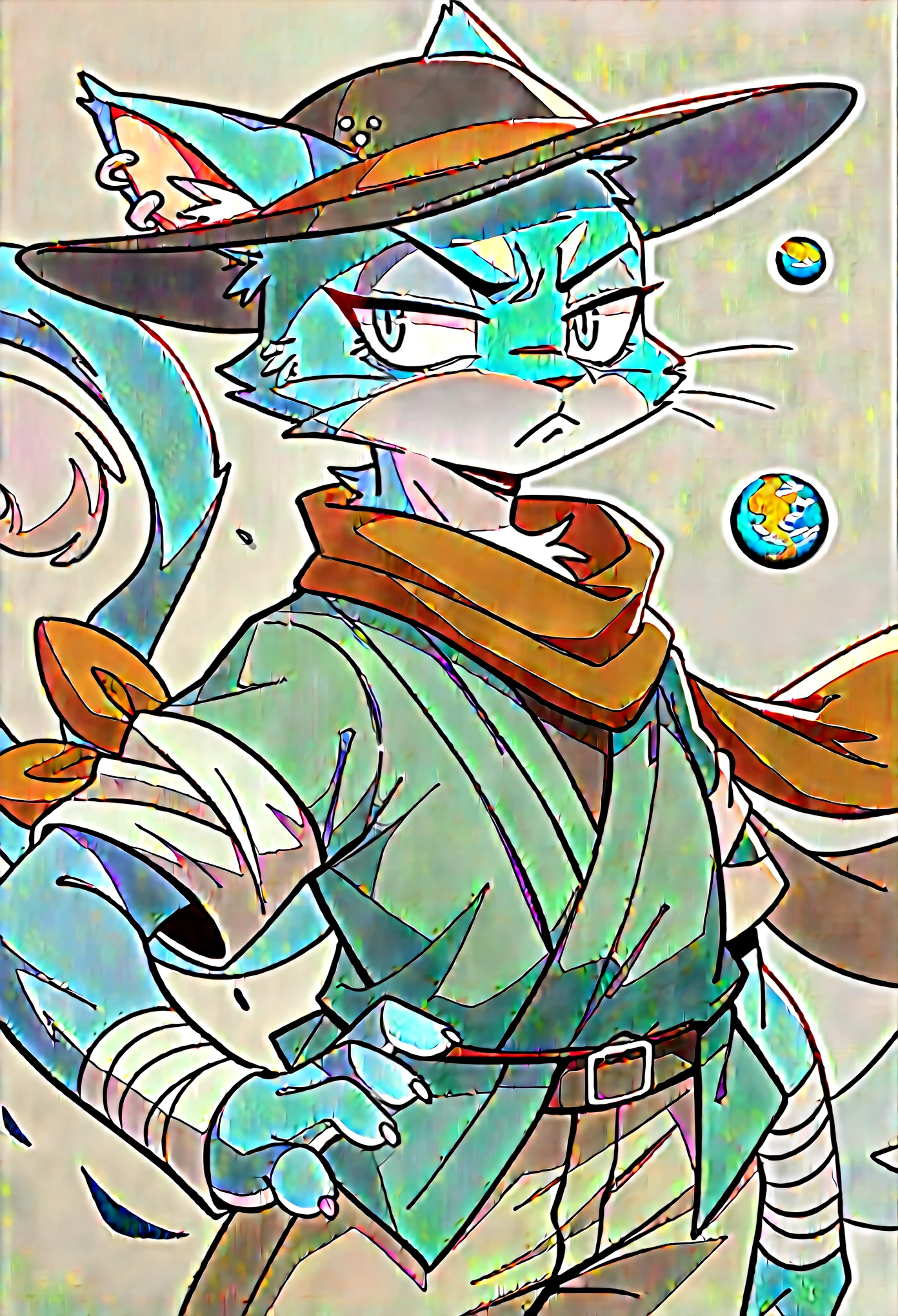 a painting of a cat wearing a hat and scarf, trending in the art station, dressed in punk clothes, detailed hyper realistic rendering, british gang member, street style, intimidating pose, planet of the cats, clothes with fashion, urban samurai, meow, west slavic features, 8 1 5