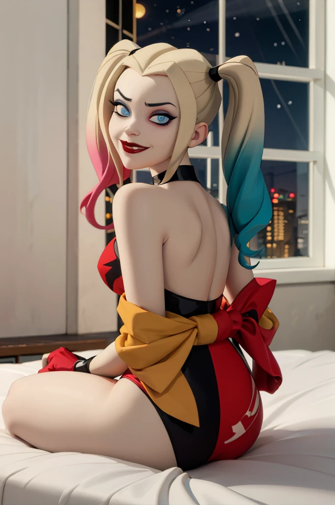 harleyquinn, blue eyes, eye shadow, blonde hair, twin tails, multicolored hair, traditional kimono, pulling top off over head, looking at viewer, serious, smirk, sitting, on bed, from behind, inside cozy bedroom, window, night time, high quality, masterpiece, 