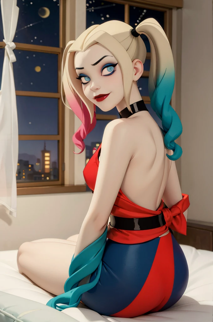 harleyquinn, blue eyes, eye shadow, blonde hair, twin tails, multicolored hair, traditional kimono, pulling top off over head, looking at viewer, serious, smirk, sitting, on bed, from behind, inside cozy bedroom, window, night time, high quality, masterpiece, 