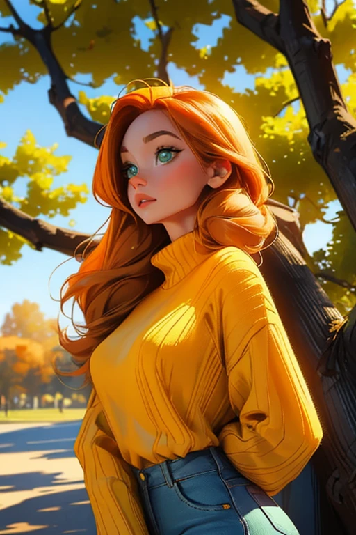 Perfect face, Perfect hands. An orange haired woman with green eyes and an hourglass figure in a yellow sweater and jeans is leaning against a tree