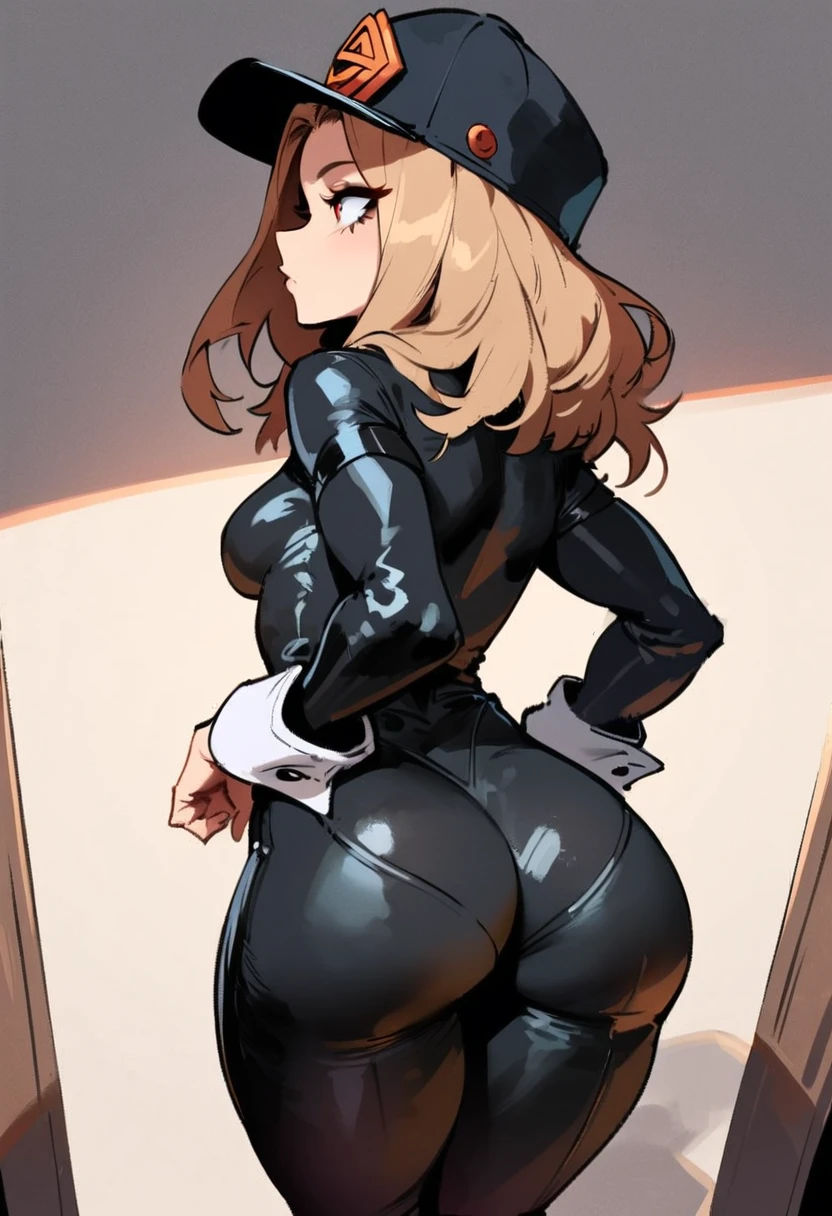 1girl, utsushimi kemii, boku no hero academia \\\\\ masterpiece, best quality, very aesthetic, absurdres, newest \\\\\\ slim body,///// by dodok,by nyantcha,cutesexyrobutts , by khyle,,//////light brown hair  , cap,  black catsuit . She wears white cuffs around her wrists,,standing, , (rear view:1.2), ass view,, ,pov. sge looking afar, look away
