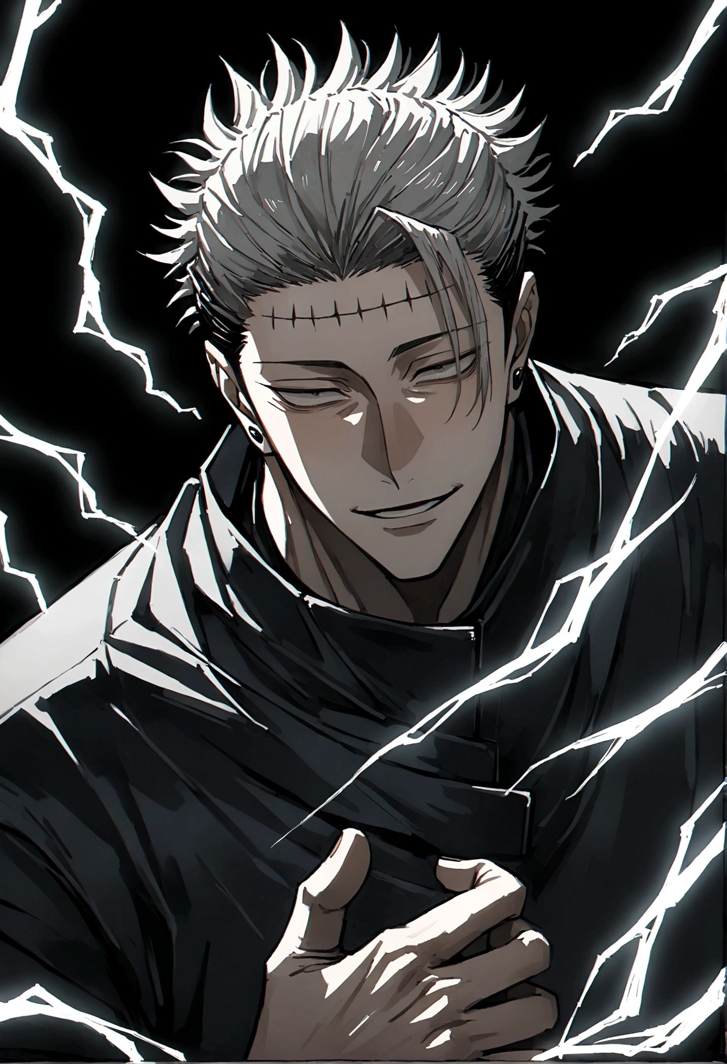 1 boy, Men&#39;center, Satoru Gojo,Jujutsu Kaisen、wound, electricity,, masterpiece, top quality, So beautiful,、chill、、strongest、