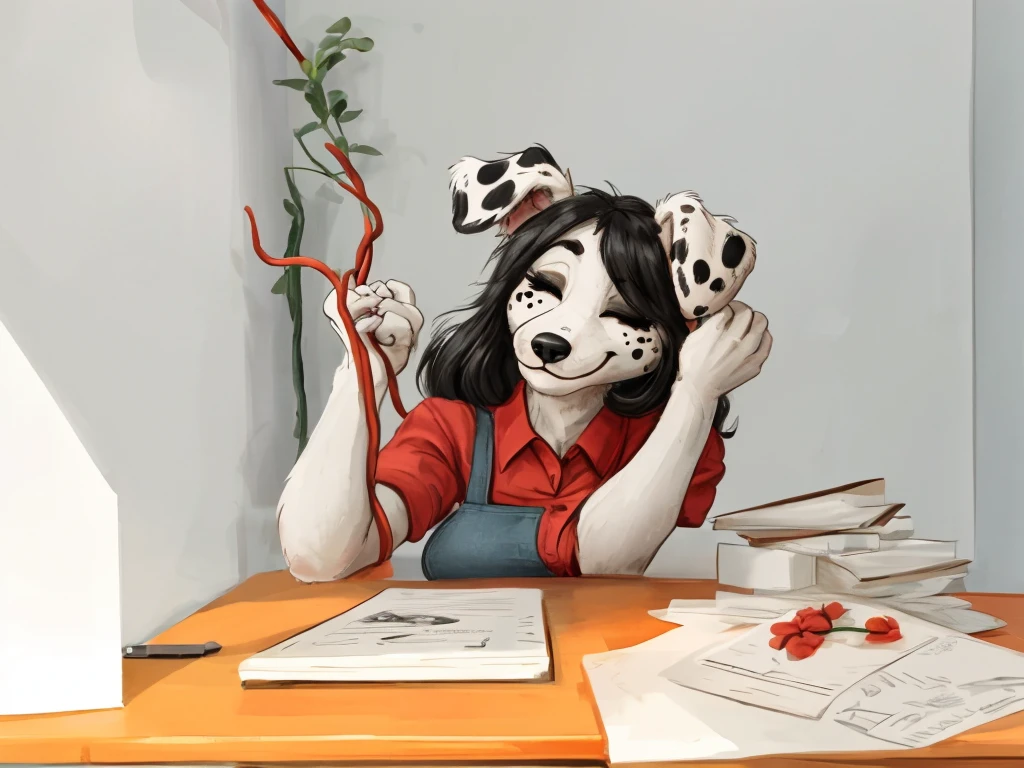 a cute and anthropomorphic, black spots and white fur female dog, she's dressed with a red vine colored shirt, closed smile, high quality furry art.