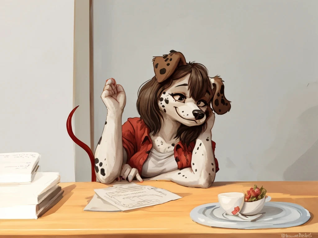 a cute and anthropomorphic, black spots and white fur female dog, she's dressed with a red vine colored shirt, closed smile, high quality furry art.