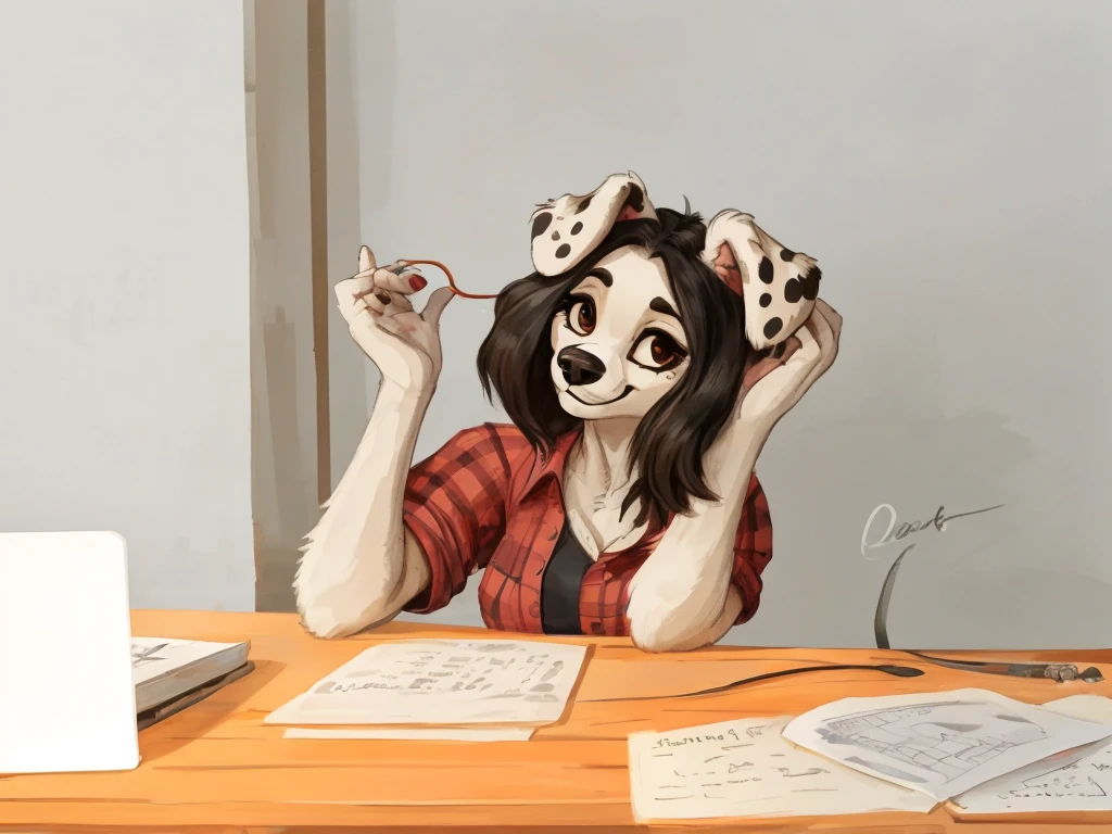 a cute and anthropomorphic, black spots and white fur female dog, she's dressed with a red vine colored shirt, closed smile, high quality furry art.