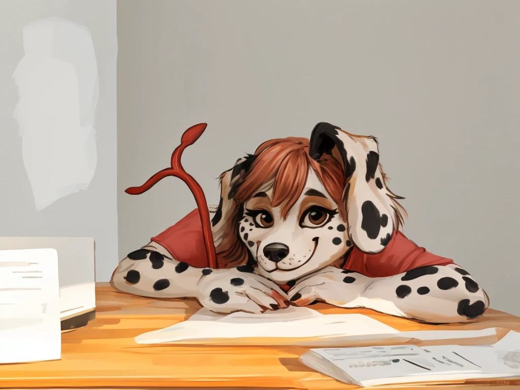 a cute and anthropomorphic, black spots and white fur female dog, she's dressed with a red vine colored shirt, closed smile, high quality furry art.