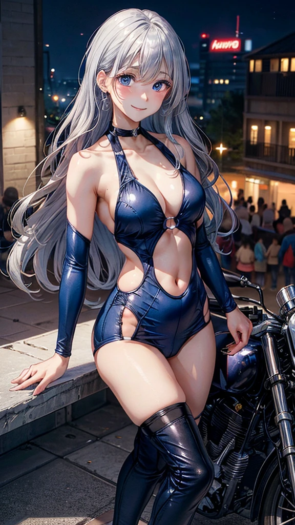 ((Highest quality)), ((High resolution)), ((masterpiece)), (detailed), (photograph), 
View Audience, Cowboy Shot, Written boundary depth, Anatomically correct, １people, Mature Woman, Perfect Face, Cute and symmetrical face, Shiny skin, 
(Long Hair:1.4, Silver Hair), Hair between the eyes, blue eyes, Long eyelashes, (Big Breasts:0.9), 
Beautiful details, Beautiful Hair, Beautiful Face, Beautiful clavicle, Beautiful body, Beautiful belly button, Beautiful breasts, Beautiful feet,
(Racing Suits),
(Beautiful views), evening, motor cycle, (Cute Smile), 