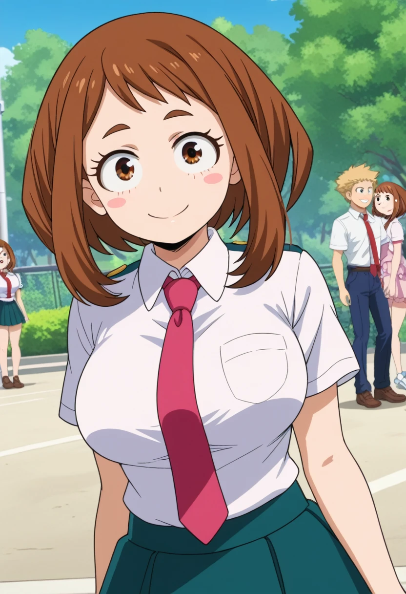 score_6_up, best quality, anime screencap, 1girl, ochako uraraka, brown eyes, brown hair, short hair, blush, blush stickers, skirt, shirt, , white shirt, short sleeves, necktie, collared shirt, red necktie, u.a. , standing, outdoor, big breasts, smile, from front, looking at viewer