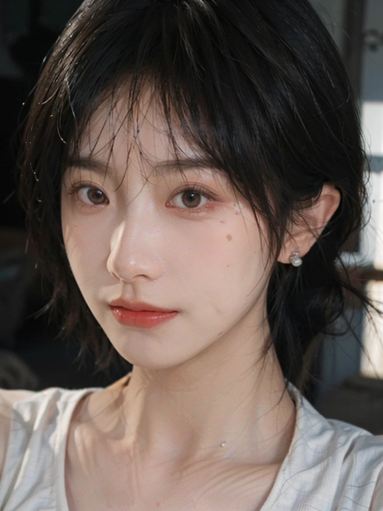 (Skin details:1.4), (smooth skin textures:1.3), Lipstick, background,海滩background， Looking at the audience，earrings, serene, calm, (Realistic and detailed eyes：1.2）, Natural skin texture, Realistic facial details, Soft dramatic lighting, Vivid details, 35 mm film, outdoor, (Photo Practical:1.4), (hyper Practical:1.4), (Practical:1.3), (Smoother lighting:1.05), (Improve lighting quality:0.9), (Highest quality real skin textures:1.4), Exquisite eyes, Delicate face, Close-up of face, (Enhance the beauty of skin texture:1.1), Hair details, Vest，normal body ratio, short hair, Moles under the eyes, thinking, A faint smile,公园background，Portrait Photography, Depth of Field, Bokeh, Surrealism, Ray Tracing, (Portrait Photography:1.1), Surrealism, High Detail, Chiaroscuro, Ray Tracing, reflected light, Ultra HD, Ultra HD, masterpiece, Textured Skin, Super Detail, High Detail, high quality, best quality