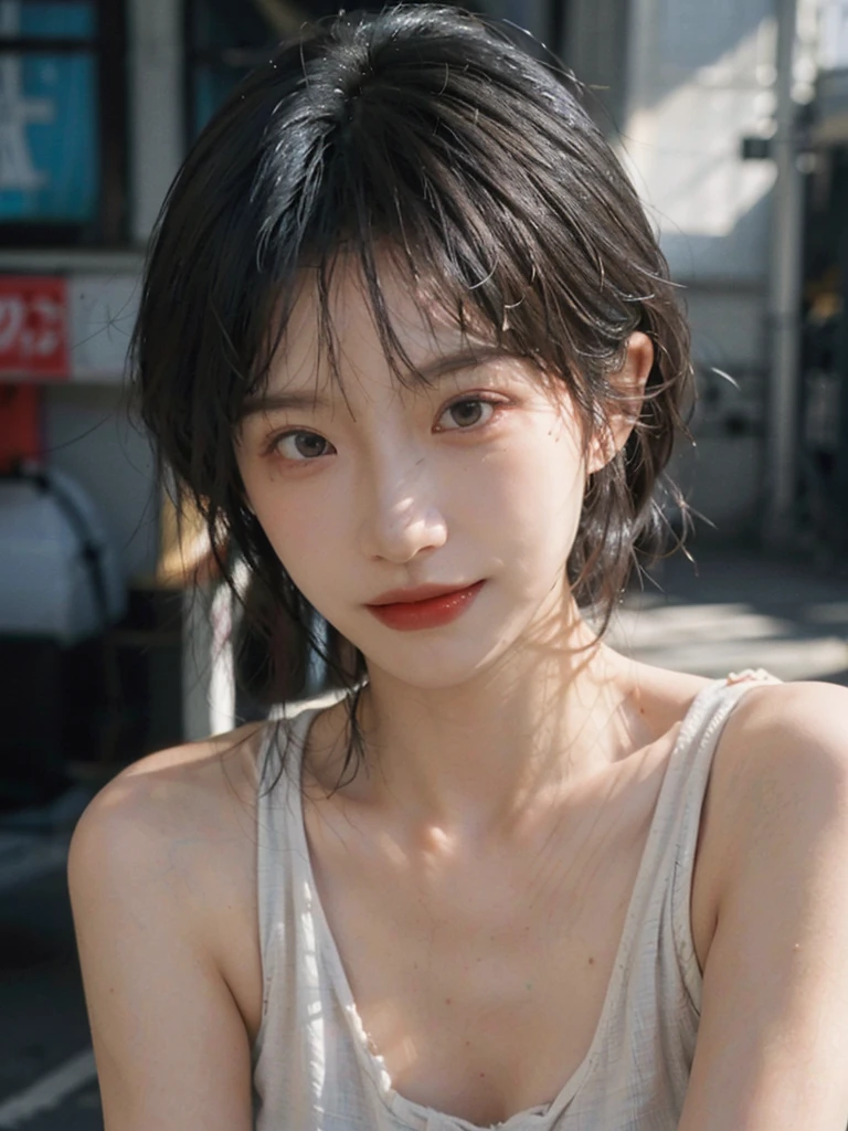 (Skin details:1.4), (smooth skin textures:1.3), Lipstick, background,海滩background, Looking at the audience,earrings, serene, calm, (Realistic and detailed eyes:1.2), Natural skin texture, Realistic facial details, Soft dramatic lighting, Vivid details, 35 mm film, outdoor, (Photo Practical:1.4), (hyper Practical:1.4), (Practical:1.3), (Smoother lighting:1.05), (Improve lighting quality:0.9), (Highest quality real skin textures:1.4), Exquisite eyes, Delicate face, Close-up of face, (Enhance the beauty of skin texture:1.1), Hair details, Vest,normal body ratio, short hair, Moles under the eyes, thinking, A faint smile,公园background,Portrait Photography, Depth of Field, Bokeh, Surrealism, Ray Tracing, (Portrait Photography:1.1), Surrealism, High Detail, Chiaroscuro, Ray Tracing, reflected light, Ultra HD, Ultra HD, masterpiece, Textured Skin, Super Detail, High Detail, high quality, best quality