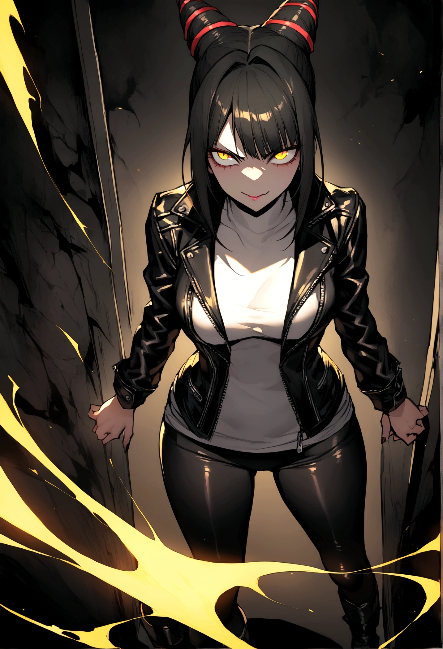 juri han,beautiful young warrior , with a very detailed and beautiful face, beautifuleyes, beautifuleyes, gorgeous face, beautiful young woman wearing long black leggings with black details, usando leather jacket preta, Standing in an office, wearing black boots, horn hair, with black fringe, , evil smile ,white sweater with strap around, serious look,usando leather jacket preto, leather jacket,staring overhead,yellow lighting, evil smile,hands on back,leggings
