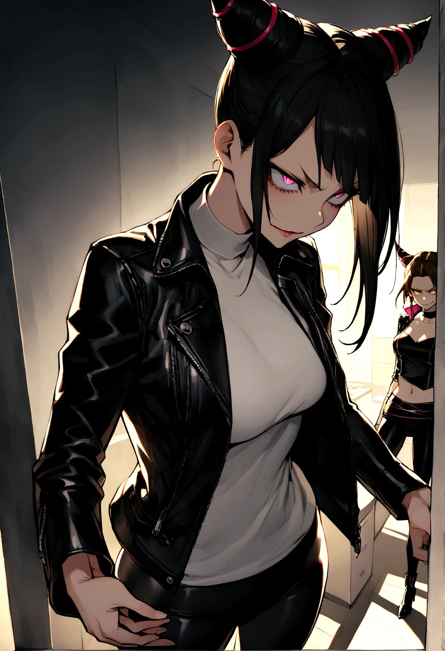 juri han,beautiful young warrior , with a very detailed and beautiful face, beautifuleyes, beautifuleyes, gorgeous face, beautiful young woman wearing long black leggings with black details, usando leather jacket preta, Standing in an office, wearing black boots, horn hair, with black fringe, , evil smile ,white sweater with strap around, serious look,usando leather jacket preto, leather jacket,staring overhead,yellow lighting, evil smile,hands on back,leggings